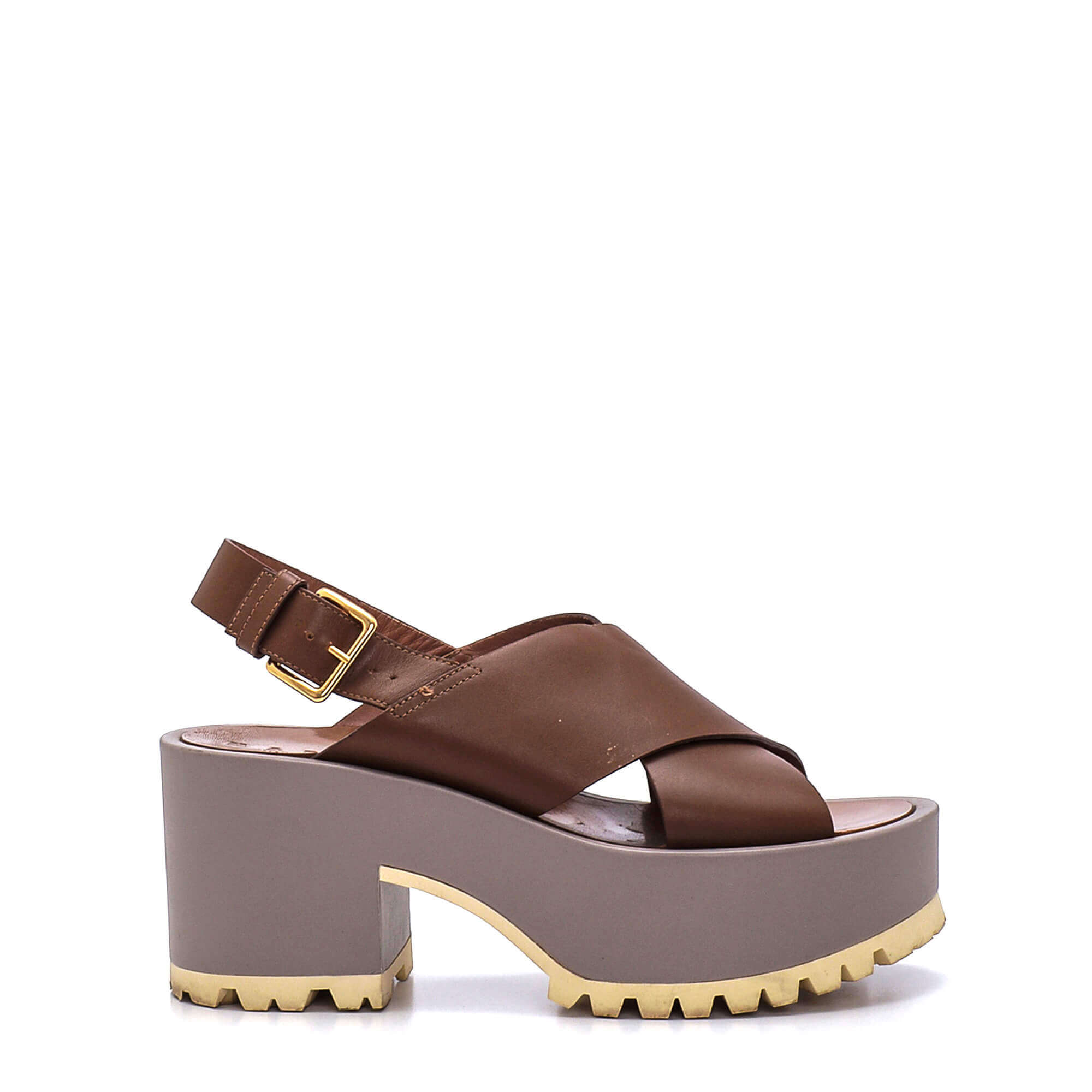 Marni - Brown & Grey Leather Cross Strap Platform Sandals